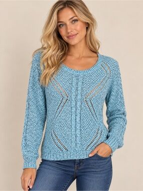 Sonoma Aqua Blue Cable Knit Openwork Pullover Sweater Size L
